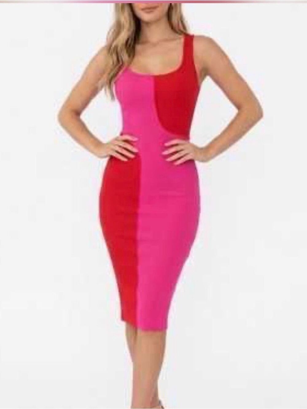 NWOT naked wardrobe Red and Pink Ribbed Bodycon Colorblock Midi Dress S